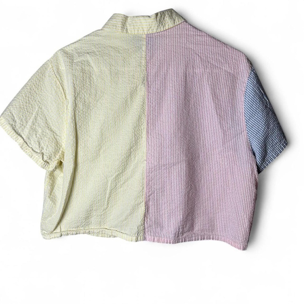 Forever 21 Colorblock Button-Up Cropped Shirt - Pastel Pink, Blue & Yellow - Picture 2 of 3